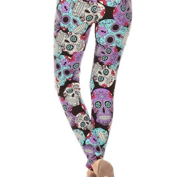 LEGGINGS DEPOT Purple & Pink Sugar Skull Full Length Leggings Size 12-20 NWT - Picture 4 of 7